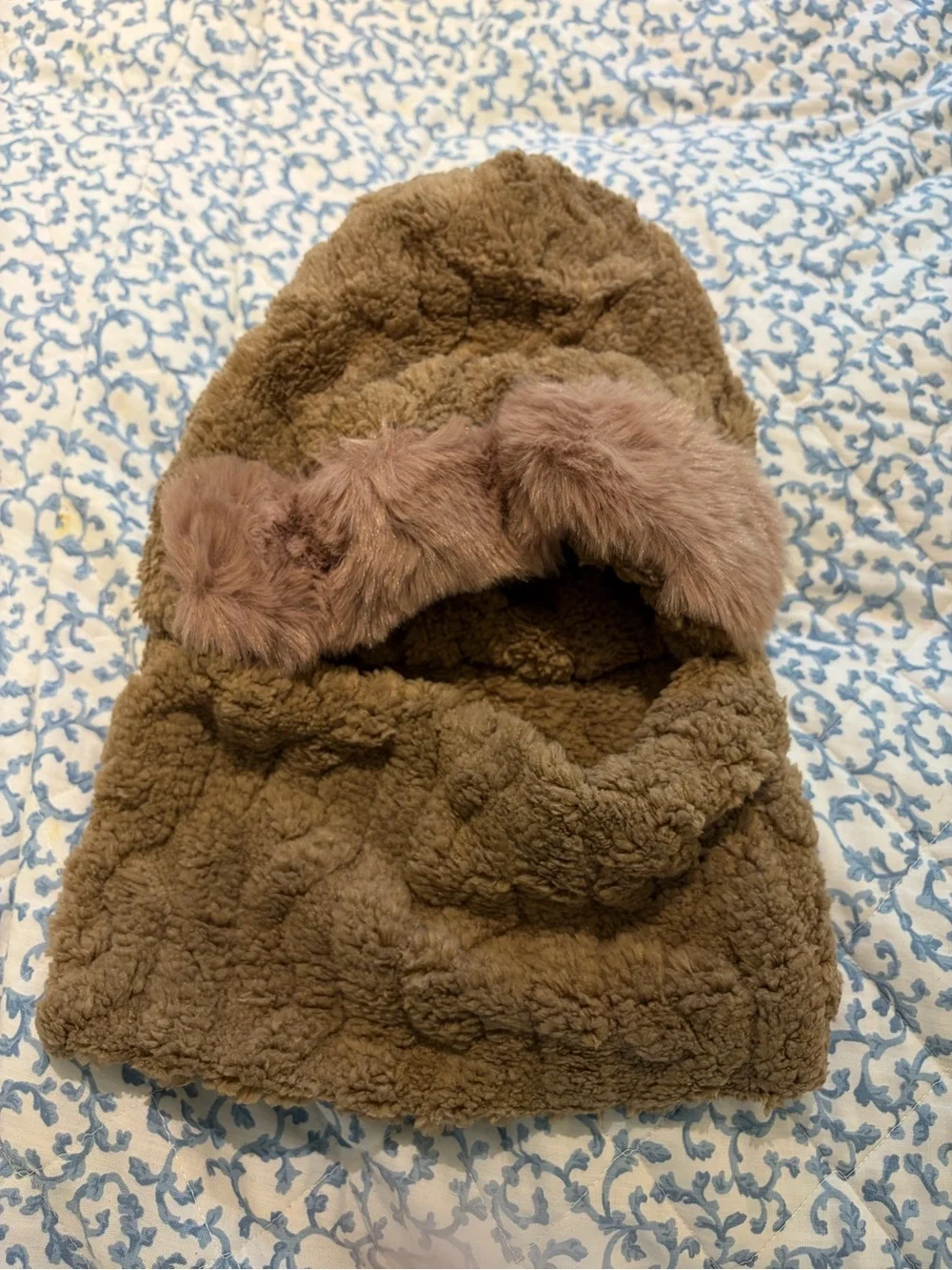 Brown Plush Balaclava Hood Scarf Combo with Faux Fur Accents